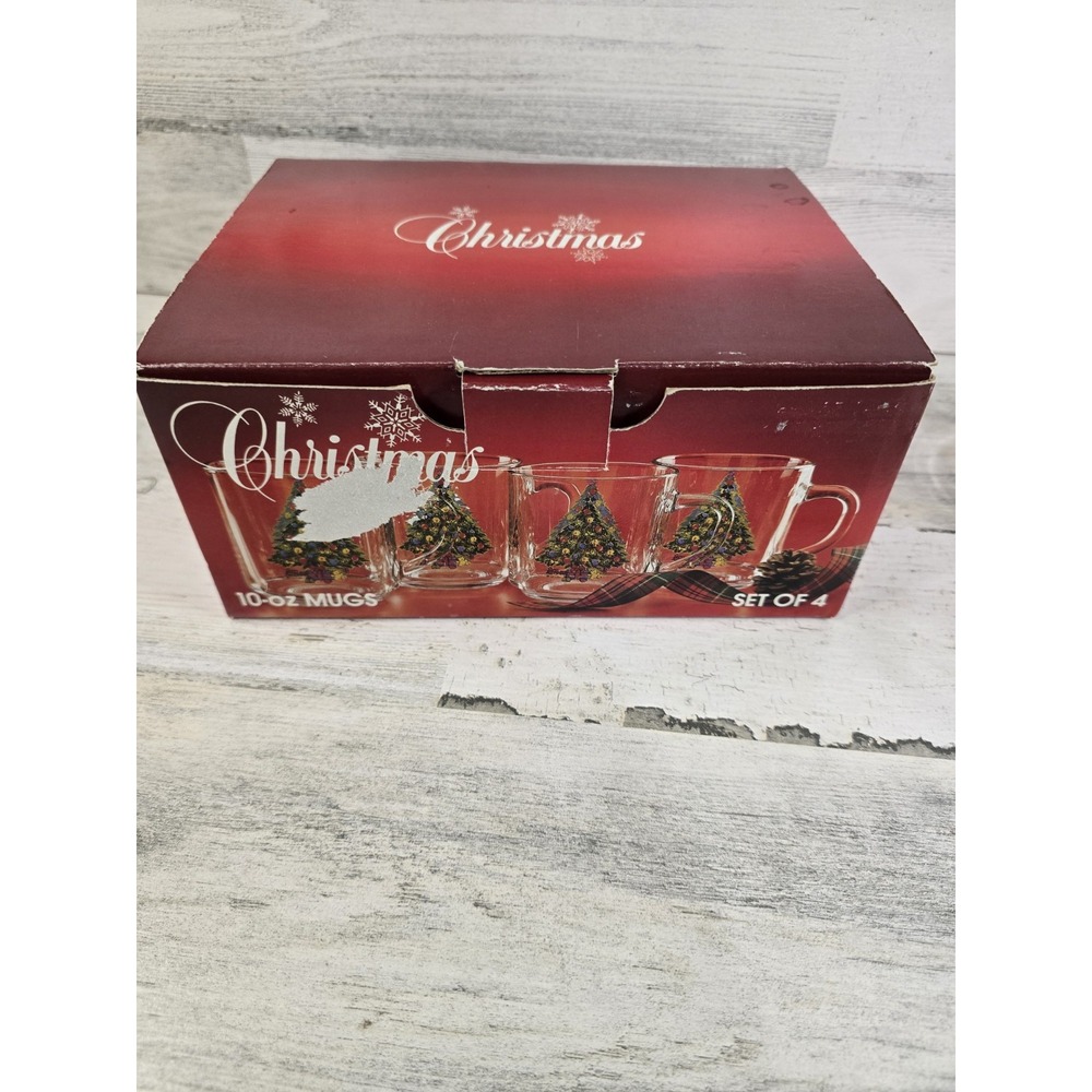 Vintage 1988 Carlton Glass Christmas Tree Mugs 10oz Set of 4 Made in USA